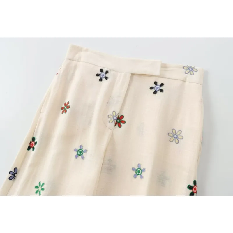 Flower Embroidered Trousers Women Summer High Waist Lightweight Wide Leg Pants Casual Pajama Style Button Pocket Pants