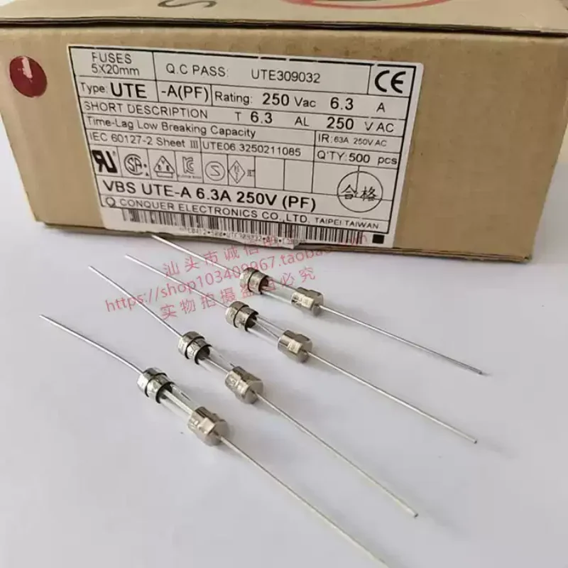 5-100pcs UTE-A 6.3A 250V T6.3AL250V 5 * 20mm glass fuse tube with pins Taiwan Gongde