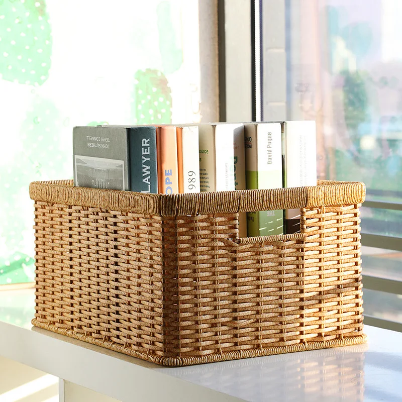 Strong Rectangle Woven Storage Basket with Handles, Waterproof Plastic Baskets for Home Toy Storage, Nest