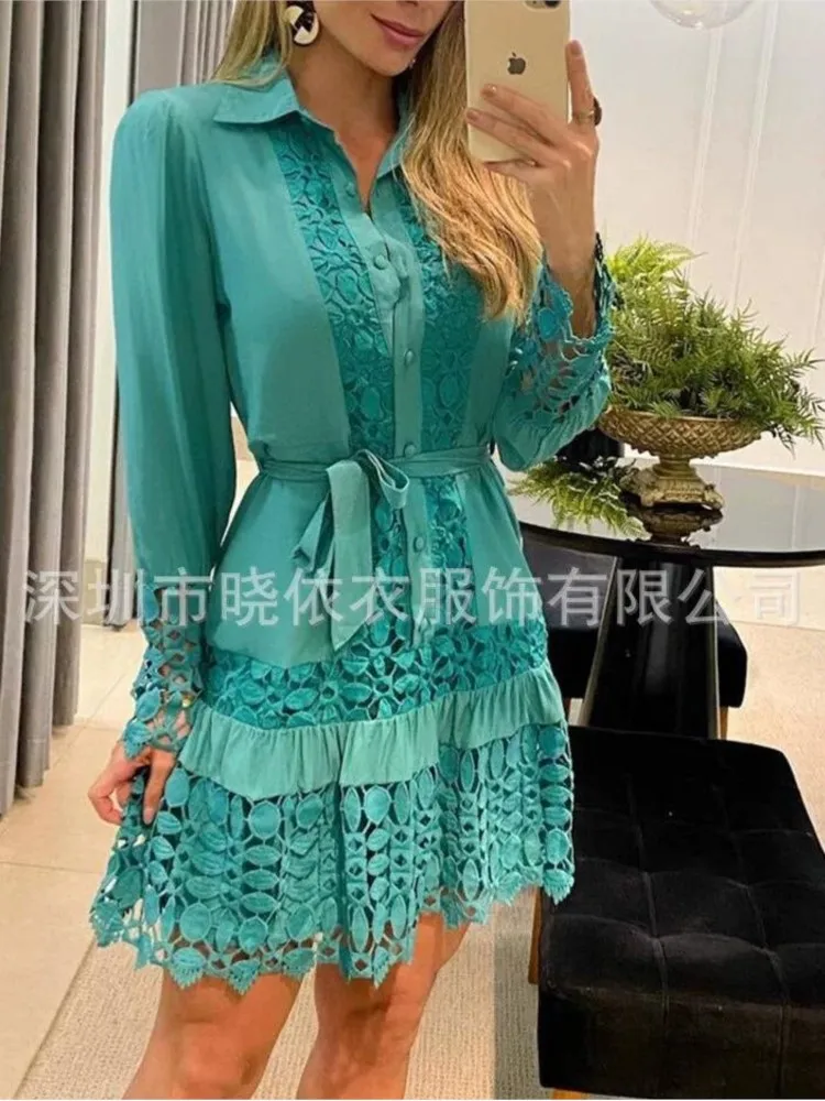 

New Spring Summer Women's Fashion Lace Hollow Splicing Long Sleeve Waist Strap Casual Solid Color Shirt