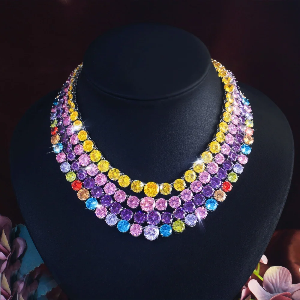 CWWZircons Round Cut CZ Tennis Necklace Iced Out Single Row Coloful Zirconia Chain Necklace for Men Women Hip Hop Jewelry DZ0109