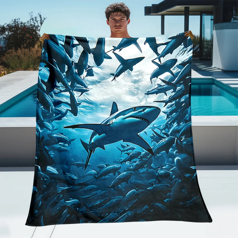 Custom Shark Blanket Great White Shark School Ocean Deep Sea Design Personalized Name Fleece Throw All Season Soft Warm Bedding
