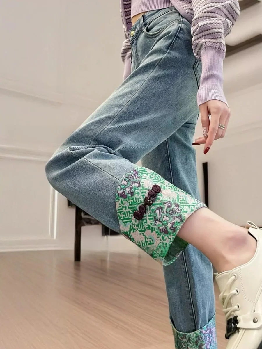 

High Waist Straight Leg Green Denim Jeans Women's New Chinese Style Slimming Button Vintage Nine Point Pants Spring Trend