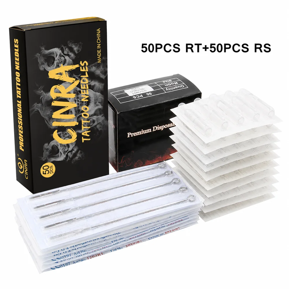 50pcs Disposable RS/RL Tattoo Needles + 50pcs RT Assorted Sterilized Disposable Tattoo Tips, Clear Tips Tattoo Tip Needles Kit