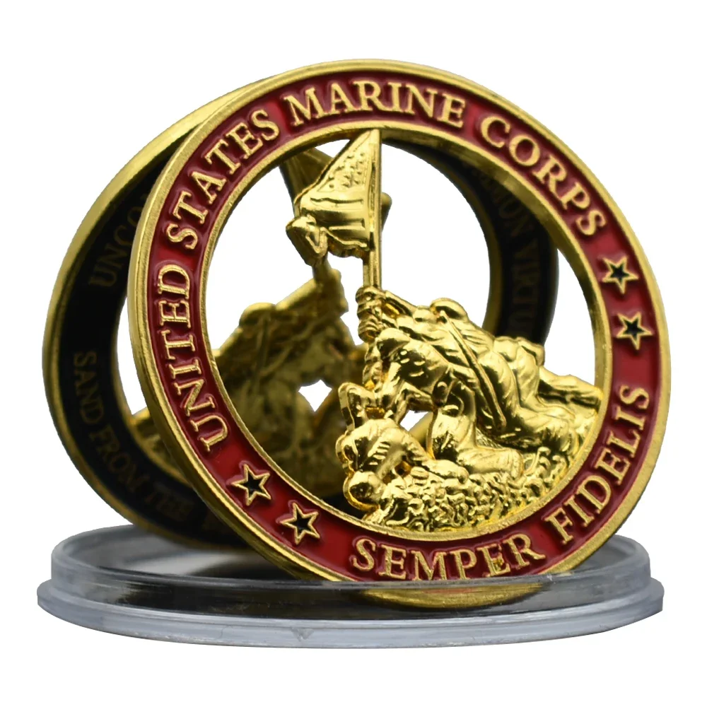 United States Marine Corps Gold Plated Challenge Coin Semper Fidelis Hollow Metal Medal with Plastic Case Art Craft Souvenir