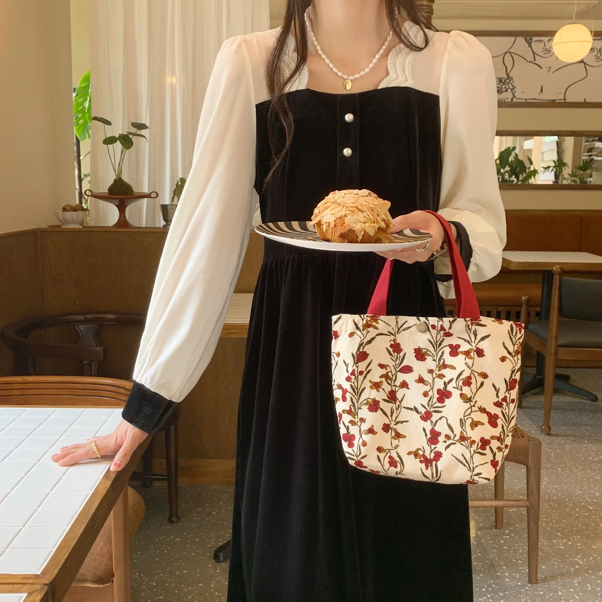 Retro Corduroy Women\'s Small Tote Handbags Teenager Girls Lunch Bento Bag flower Storage Shopping Bag Clutch Purse Shoulder Bags