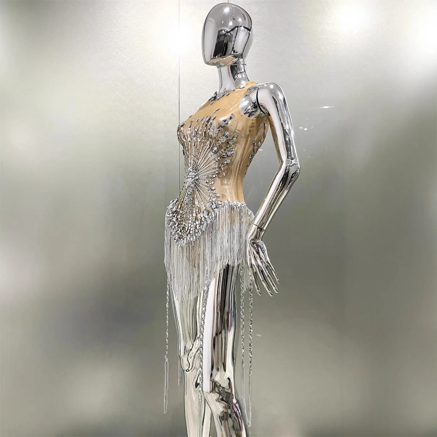 Rhinestone Silver Sequins Splash Tassel Glam Mesh Perspective Onesie Theme Party Stage Performance Costume Vestido Festa Luxuoso