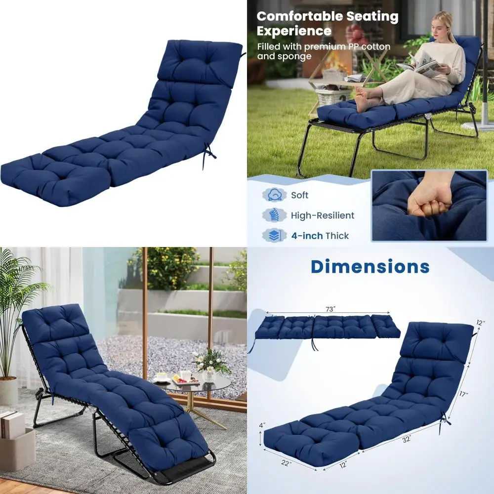 

Outdoor High Back Recliner Cushion, 73 x 22 Patio Lounge Cushion with 4 Ties, 4 Thick Padded for Comfortable Relaxation