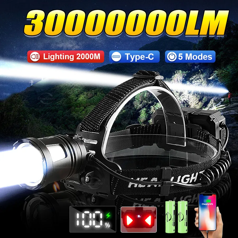 30000000LM Powerful LED Headlamp Usb Rechargeable Head Flashlight 3 Modes Waterproof High Power Headlight 2000M Fishing Lantern