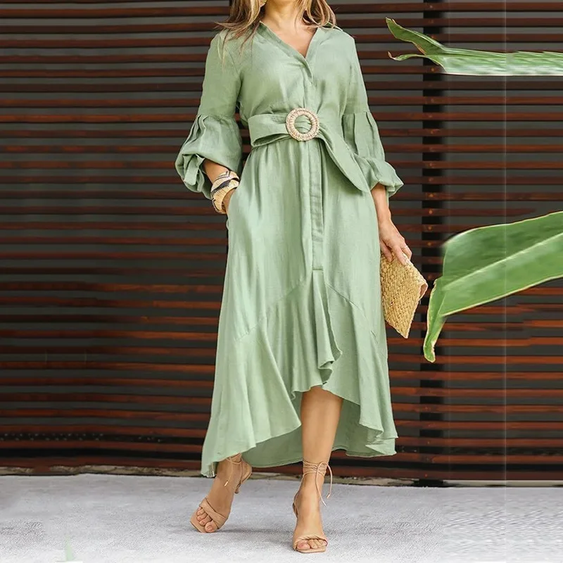 

SKMY Green Evening Dress Fashion Ruffles Patchwork Casual Long Sleeve V-Neck Solid Color Long Dresses With Pockets And Belt