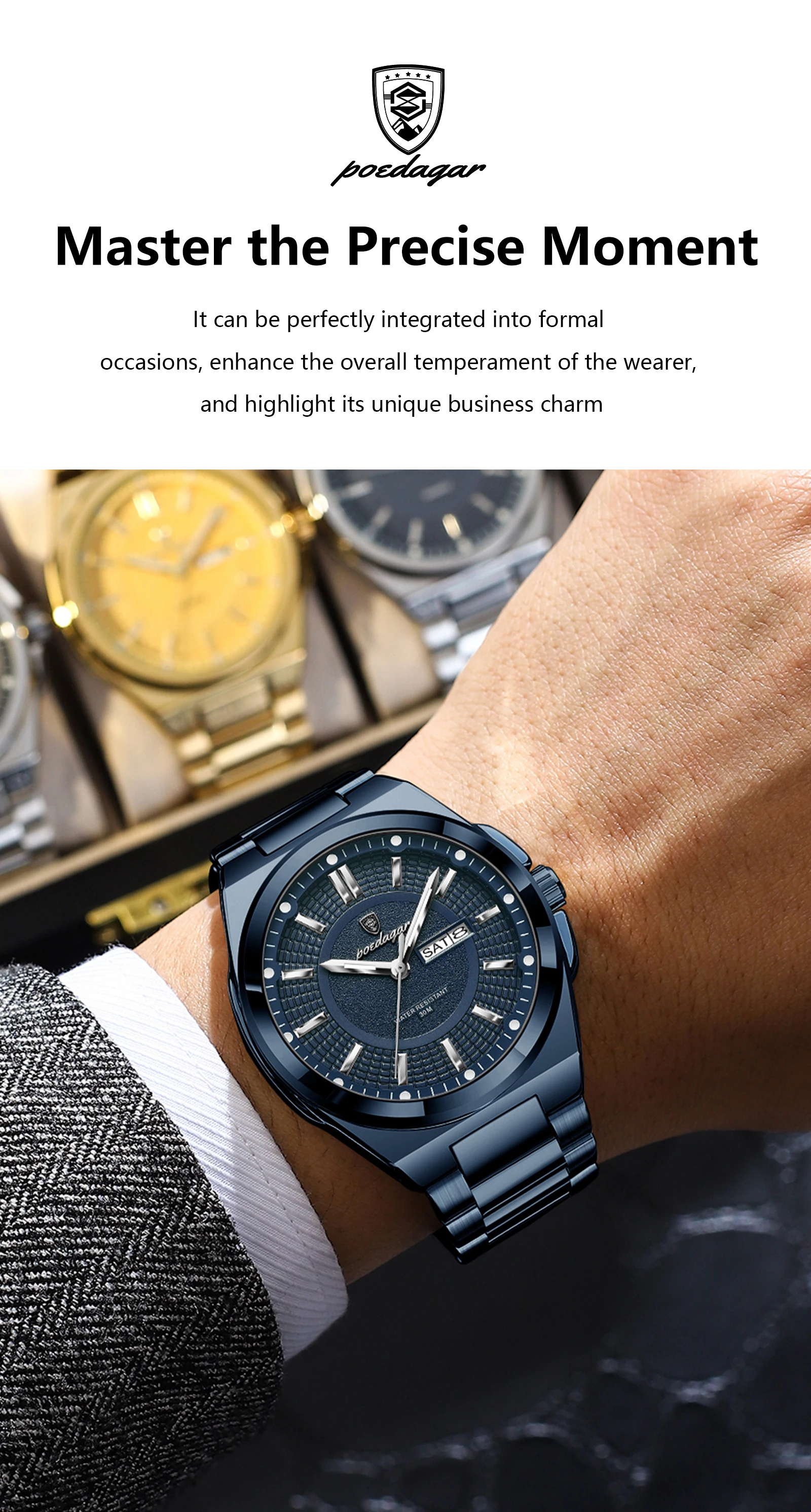 POEDAGAR Top Business Herren Armbanduhr Edelstahl Wasserdicht Leuchtend Casual Mann Uhr Datum Woche Stilvolle Herren Quarzuhren – Detail 6