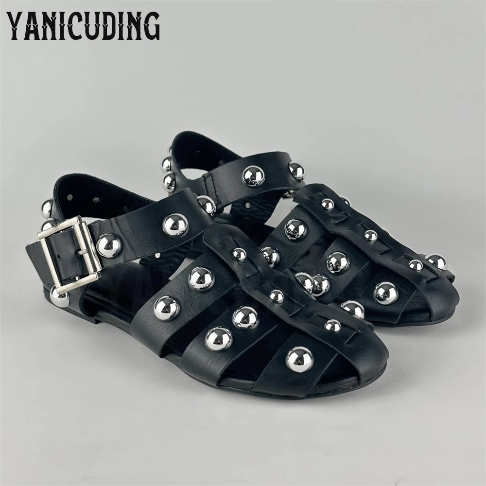 

Metallic Silver Beaded Flat Gladiators Black Leather Punk Style Sandal Round Toe Braided Square Buckle Handmade Flats Customized