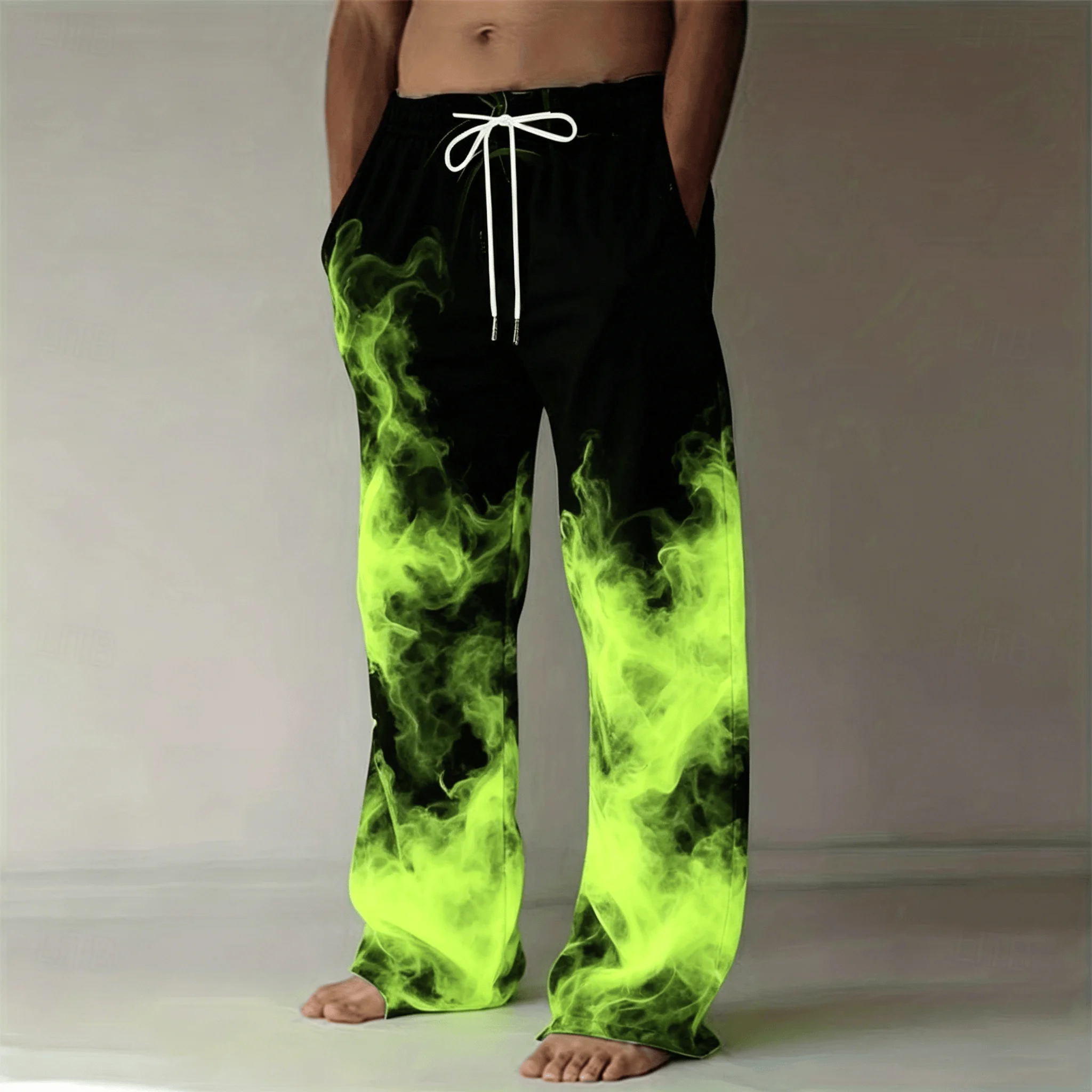 Men's Fiery Flame Print Drawstring Pants, Casual Beach Straight Leg Pants for Summer Vacation