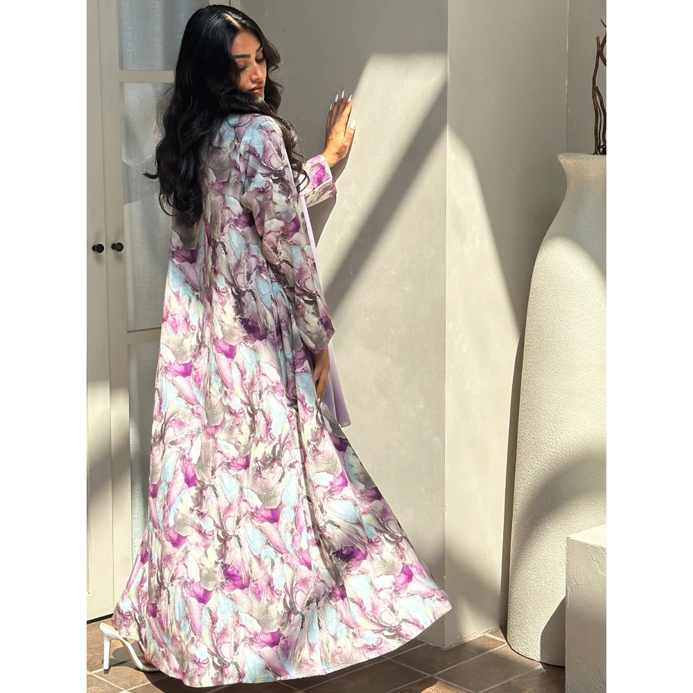 Middle Eastern Open Front Abaya+Hajib 2pcs Muslim Women Printed Floral Abayas Full Sleeve Kaftans Islamic Maxi Dresses Jilbabs