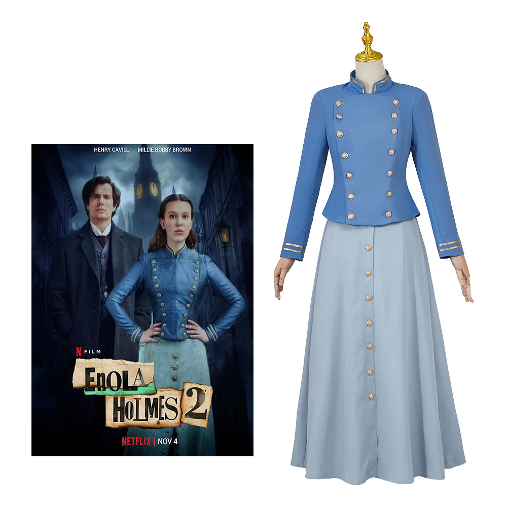 

Movie Enola Holmes Cosplay Costume Detective Enola Blue Dress Victorian Steampunk Gothic Vintage Double Breasted Jacket Skirt