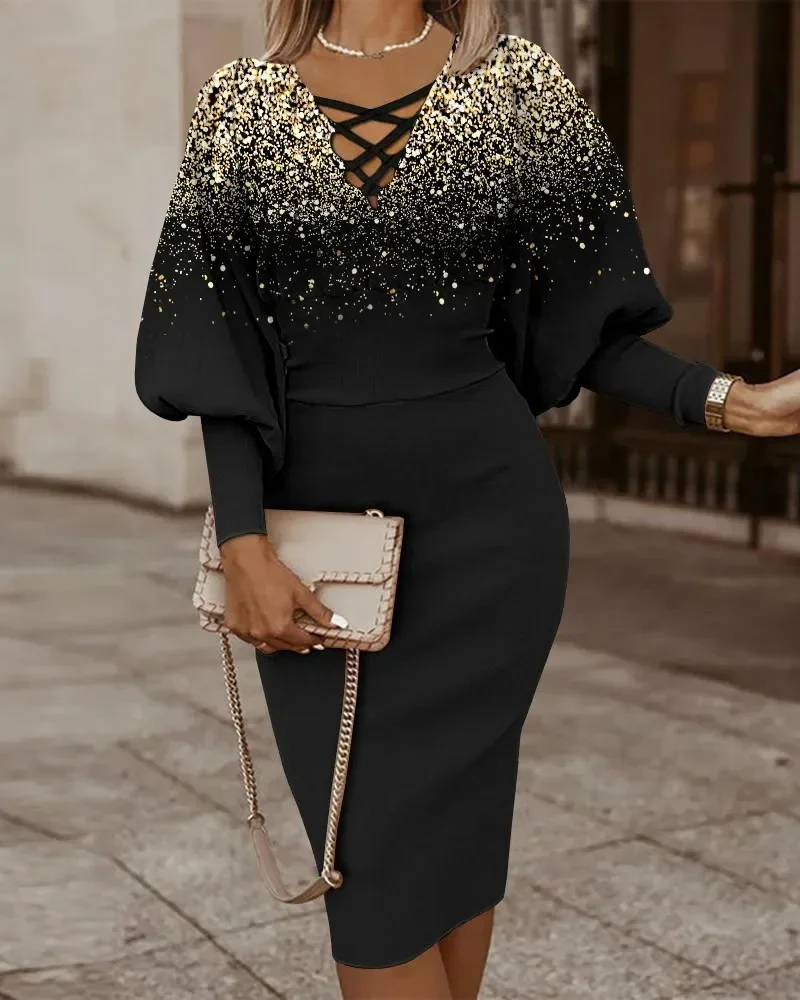 Damen-Kleid mit überkreuztem V-Ausschnitt und Print, figurbetontes Midikleid, elegantes Party- und Arbeitskleid – Detail 12