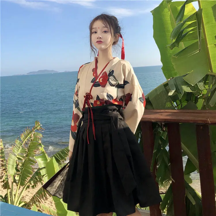 Áo Khoác Kimono Haori Yukata Châu Á Quần Áo Sakura Cô Gái Phong Cách Nhật Bản In Hoa Vintage Người Phụ Nữ Phương Đông Camellia Yêu Trang Phục