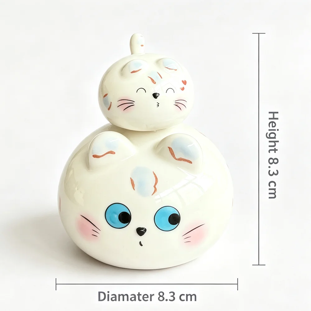 Cute Double Layer Cat Ceramic Figurine, Hand Painted Desktop Ornament, Home Tabletop Decor, Creative Craft Gift