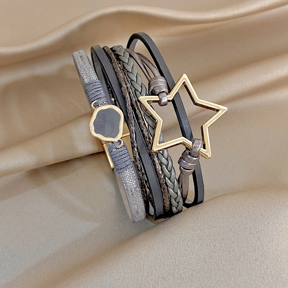 ALLYES Vintage Armband aus gewebtem Leder mit ausgehöhltem Stern für Damen, klobiges Boho-Mehrschicht-Armband, breites Wickelarmband, Charm-Schmuck – Detail 21