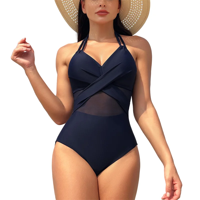 2025 One-Piece Swimsuit Halter Women's Swimwear V-Neck Ladies Beachwear Mesh Girls Bikini Bathing Suits S-XXL 6 colors