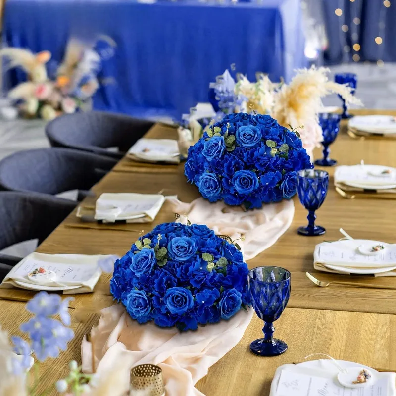 Artificial Flower Centrepieces for Tables - 10 Pcs Large Fake Flowers Roses Balls 15.7 inch Diam- Royal Blue Silk