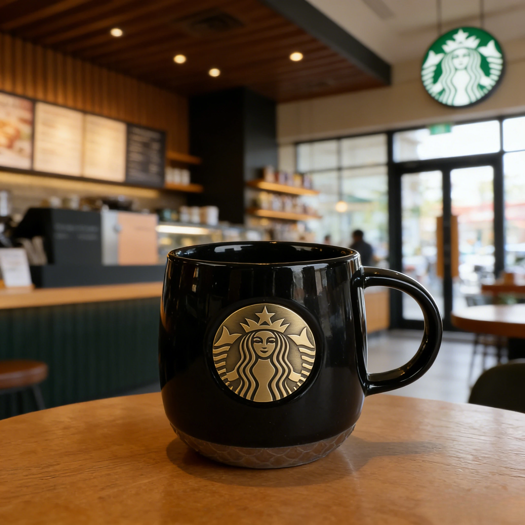 Taza de Café de Cerámica Starbucks Clásica Negra con Diseño de Escamas de Sirena y Emblema de Bronce, Regalo de Oficina