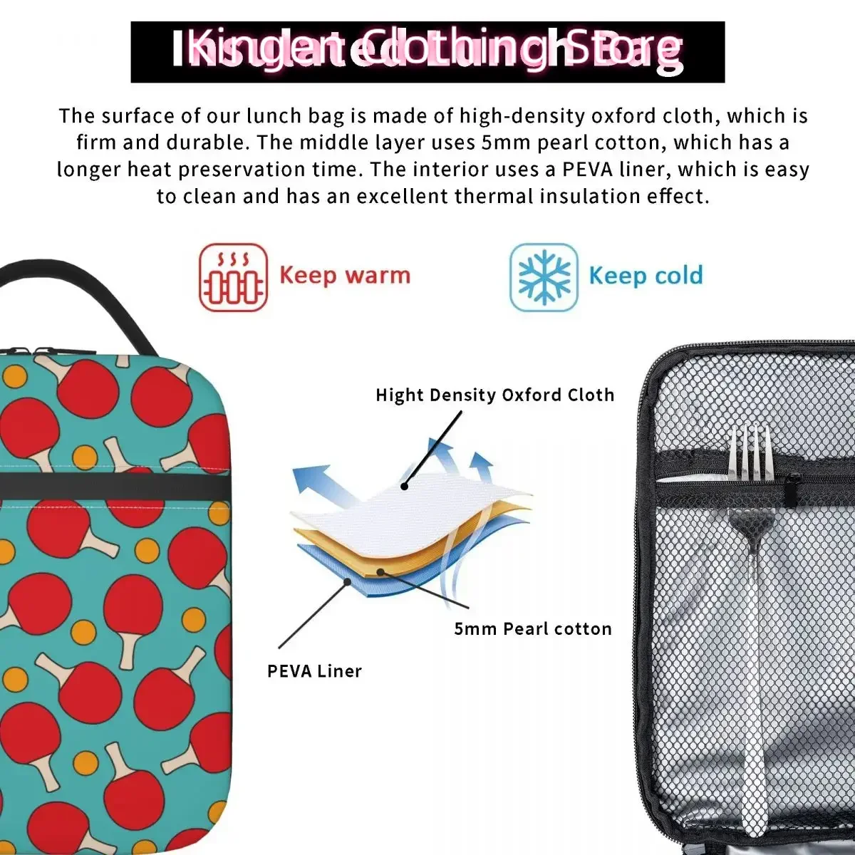 معزول حقيبة حمل الغداء تنس الطاولة الرياضة بينغ بونغ لاعب ميرش بينغ بونغ موضوع عاشق صندوق طعام برودة صندوق بينتو الحراري