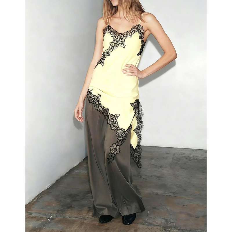 女性用シルクサテンエクストラロングキャミソール、レースアシンメトリーハイロートリムトップス、Y2Kシルキーサイドスリットレイヤリングスリップドレス