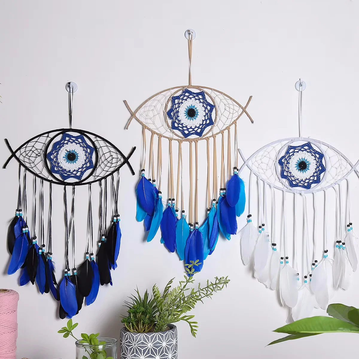 Boho Blue Evil Eye Dream Catcher Wall Art Hanging Decor Feather Dreamcatcher Pendant Bedroom Wind Chimes Witch Home Decor Gifts