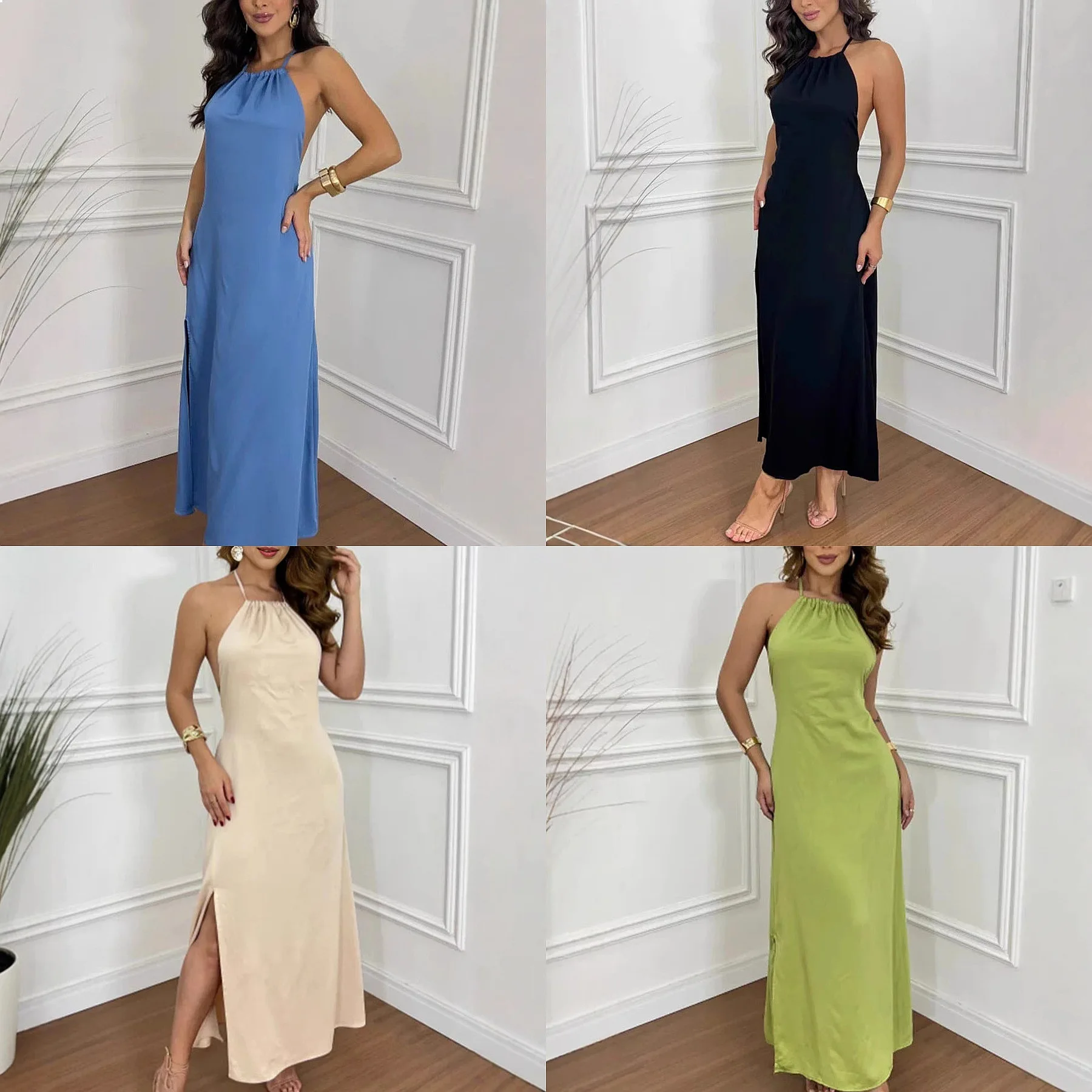 

Sexy Backless Slit Halter Dress Long Maxi Dress Spring Summer Flowy Tassel Evening Dress