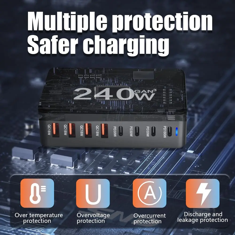 240W/300W Desktop GaN 8-port for Cellphones Quick Charger, Fast Charging Station Adapte for Iphone/Samsung/Xiaomi, LED Indicator