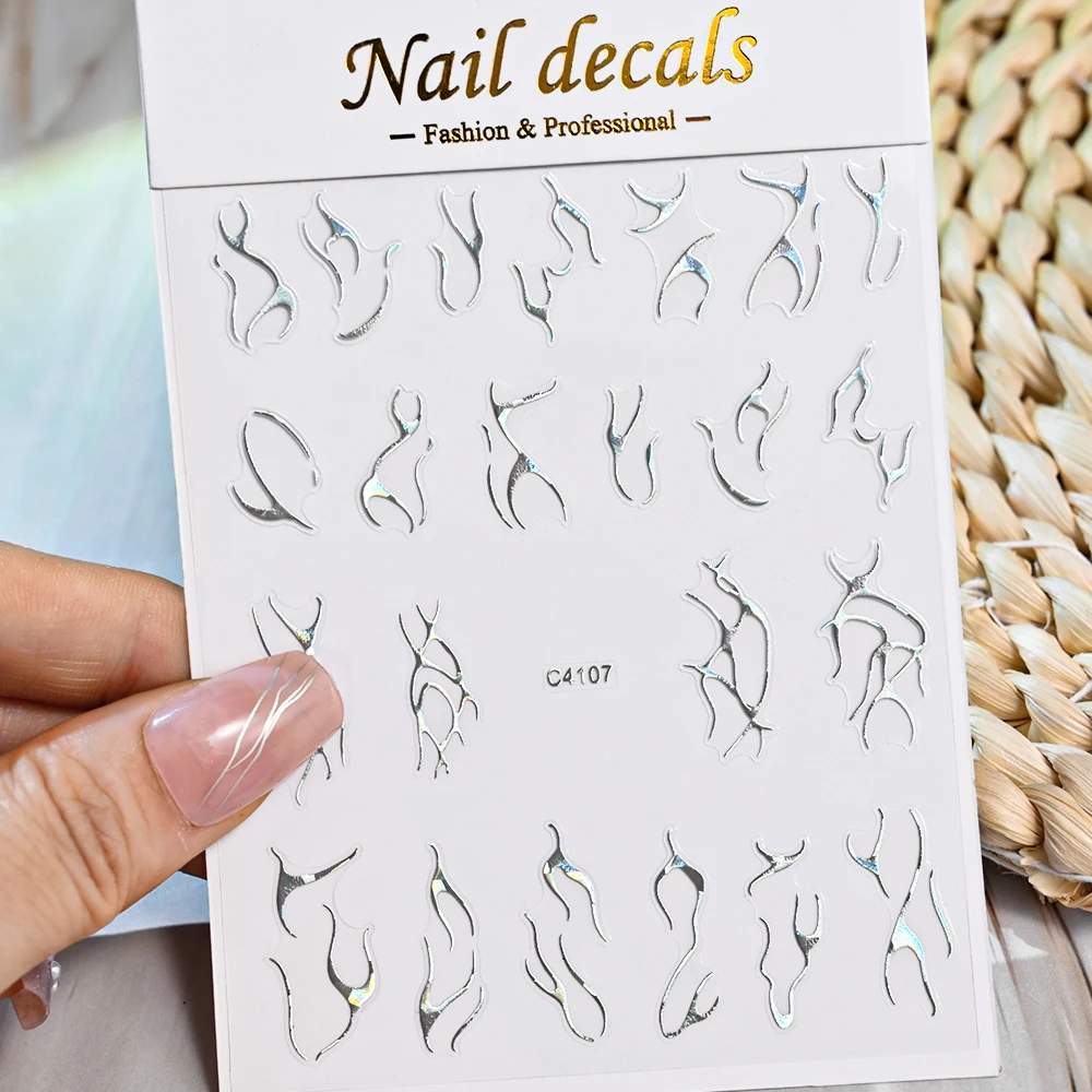 1 stks 3D metalen lijn/frame nail art stickers laser goud/zilver onregelmatige streep/curve/wijnstok zelfklevende slider manicure stickers *&