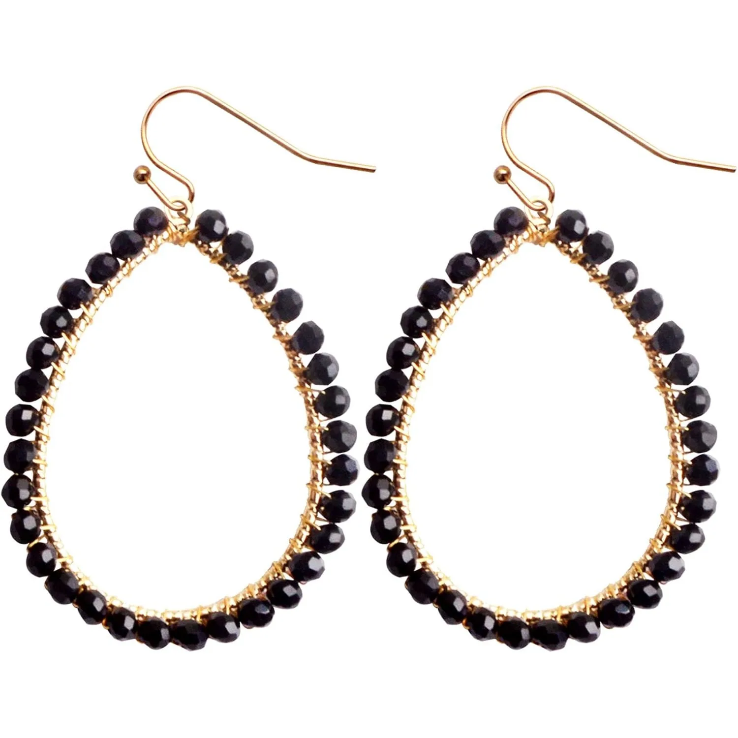 

Beaded Teardrop Dangle Drop Earrings Hollow Sparkly Crystal Golden Wire Wrapped Crystals Statement Black Hoop Earring Hooks