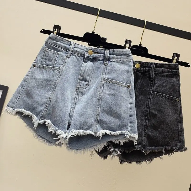 

Summer Women Streetwear Fashion Denim Shorts Korean Solid High Waist Slim Rough Edge Light Blue Black Casual Mini Short Jeans