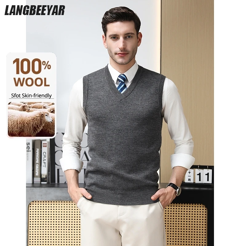 

High End 100% Australia Wool Cashmere Casual New Autum Winter Fashion Brand Business Men Knit Pullover Sweater Vest Sleeveless