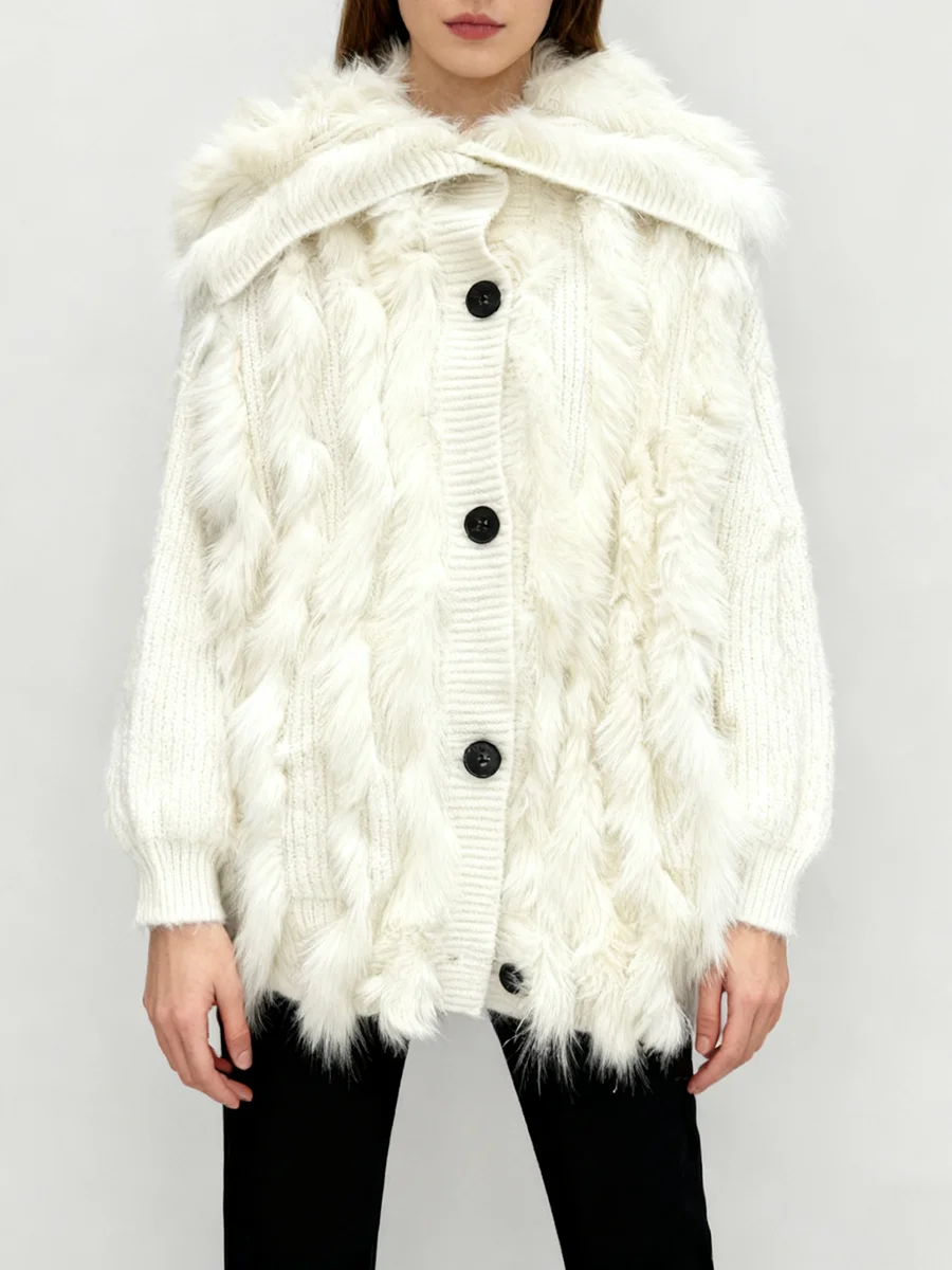 TWOTWINSTYLE Solid Loose Spliced Fur Casual Cardigans for Women Lapel Long Sleeves Patchwork Single Breasted Cardigan Female New