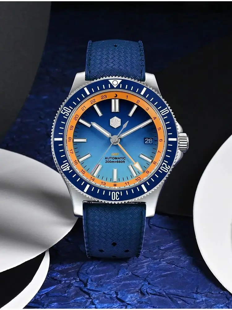 San Martin Original 41mm GMT 3H Date Automatic NH34 Wristwatch Mesh Bracelet Sapphire 200m Waterproof Relogios Masculino SN0119