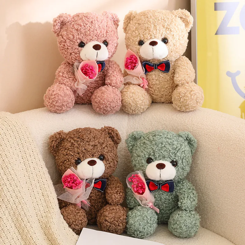 25cm Hug Bouquet Bear Plush Toy Valentine's Day Bow Bear Dolls Girlfriend Birthday Gift Wedding Decor for Weedings Party Favor