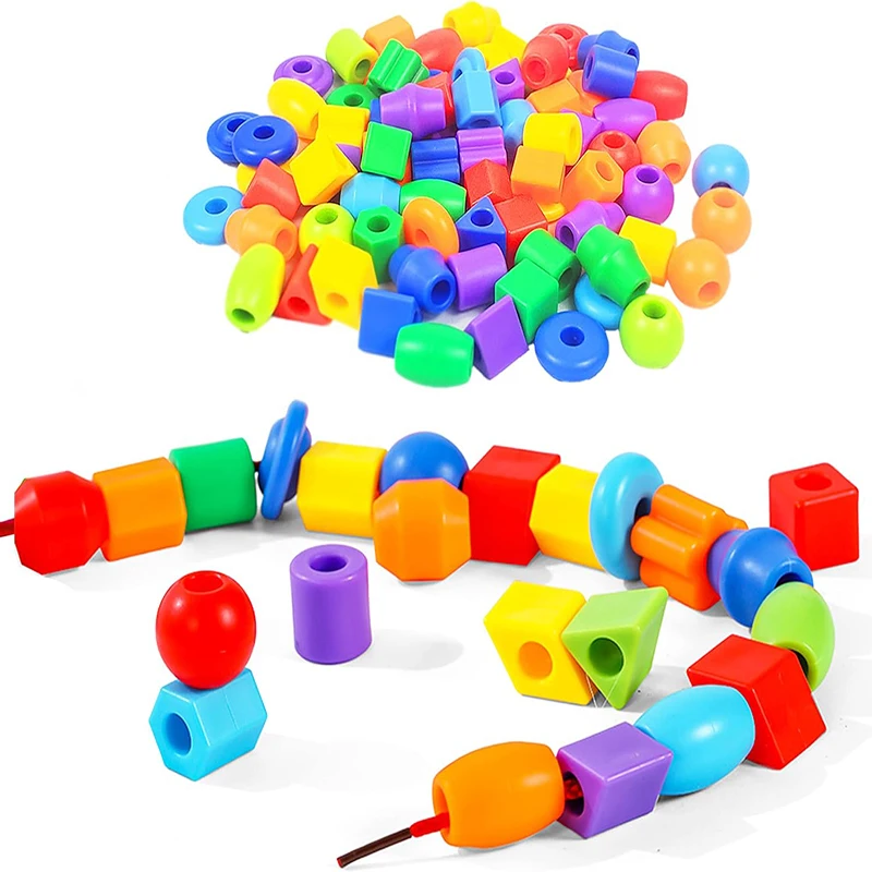 50PCS Rainbow Lacing Beads for Toddlers Color and Shape Sorter Fine Motor Skills Early Learning Montessori Toys