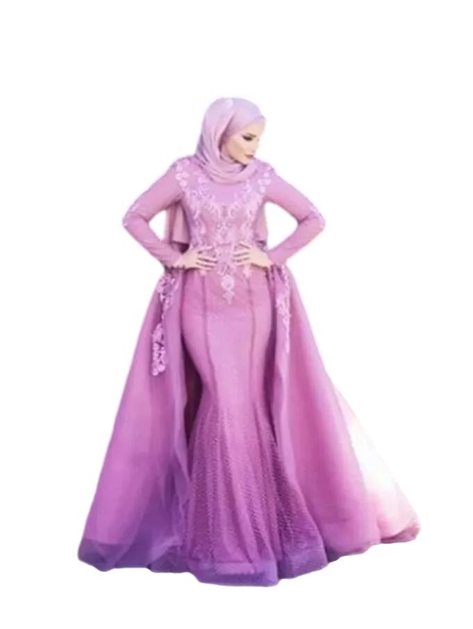 Po-Robe de Mariée Sirène Musulmane avec Poignées et Traîne Amovible, Hijab à Col Haut avec Appliques en Dentelle, pour Patients Saoudiens et aniques, Quelle que soit la Collection 2023