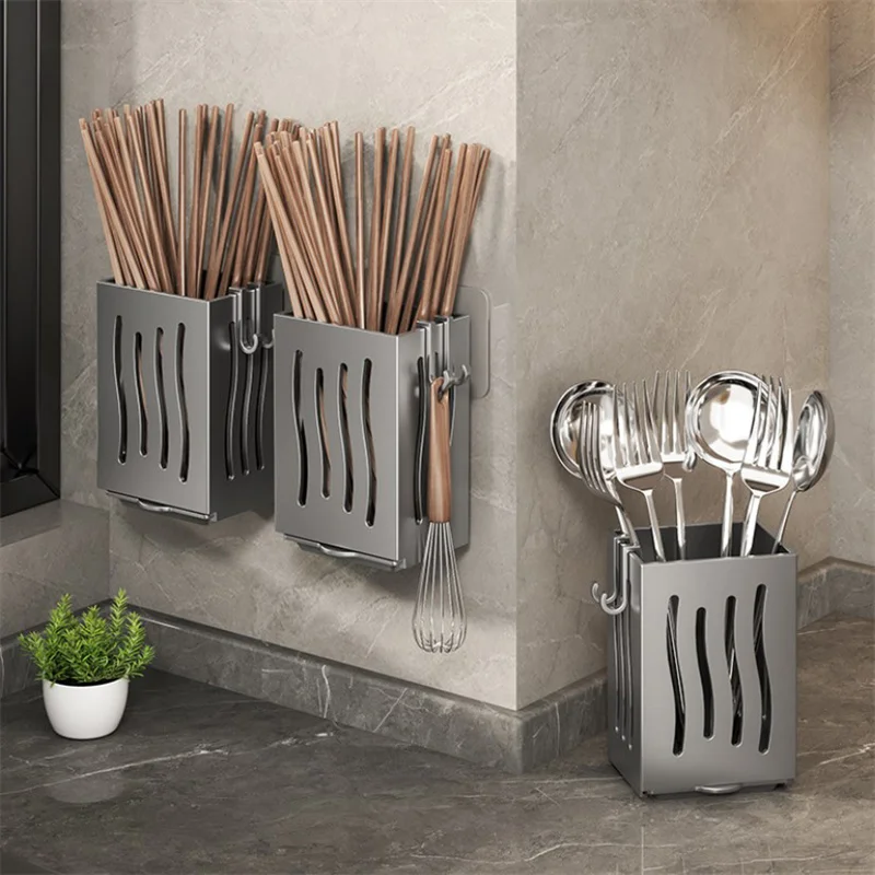 Multifunctional Kitchen Utensil Storage Rack Chopstick Draining Holder Wall-Mounted Freestanding Cutlery Tableware Organizer Box