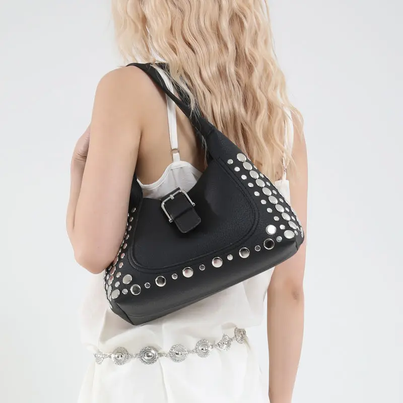 

Retro Handbag Spicy Girl Motorcycle 2025 Fashion New Design Rivet Commuting Underarm Single Shoulder Tote Bag