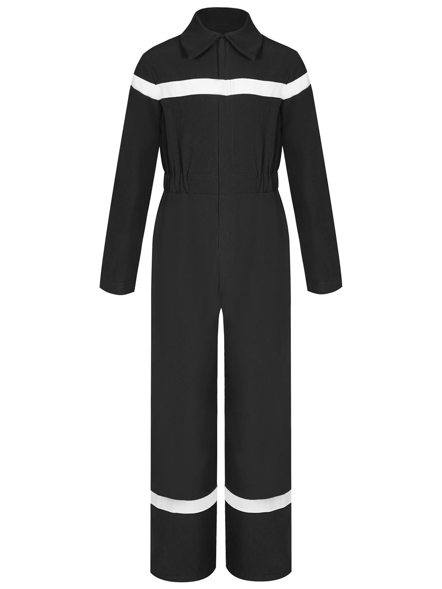 Girls Boys Contrasting Lines Jumpsuit Zipper Turn-Down Collar Long Sleeve Elastic Waist Bodysuit Wide Leg Mechanic Coverall