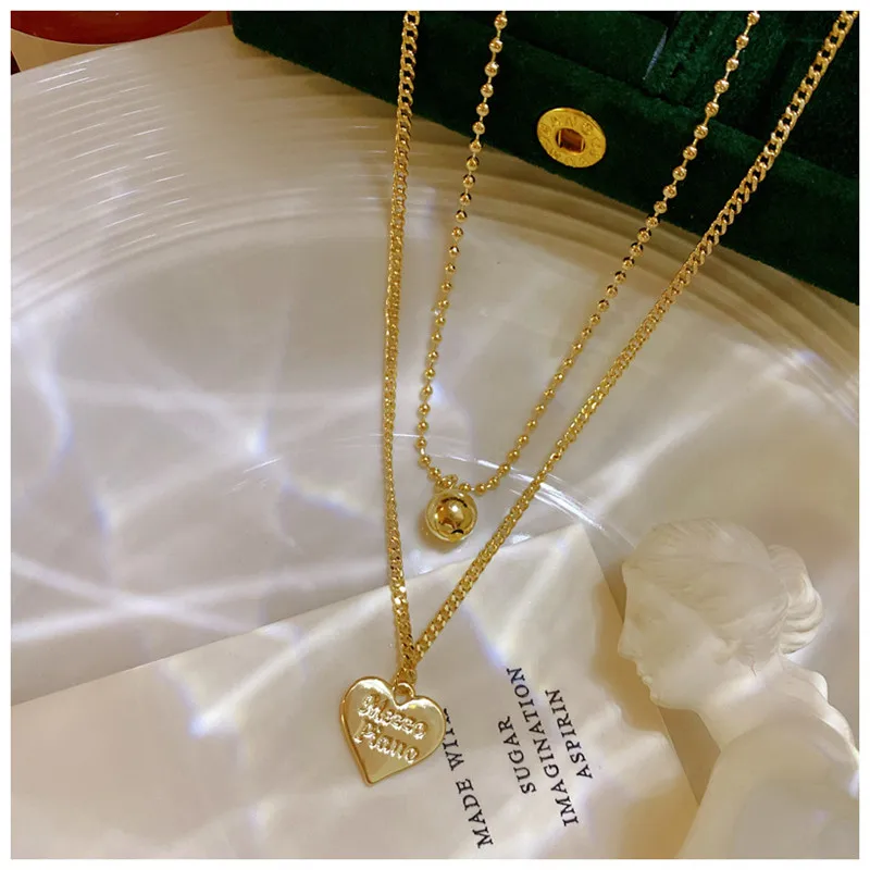 

Fashion Jewelry Chokers For Women Gold Color Metal Two Stacked Wear Heart Pendant Chain Necklace Trendy Accessories