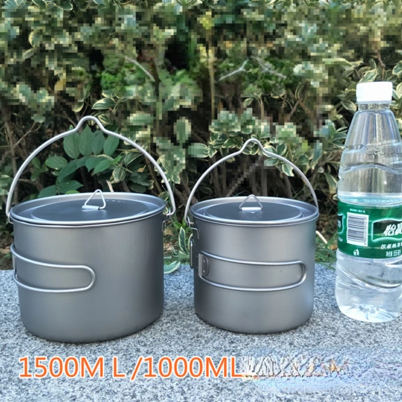 Outdoor Camping Pure Titanium Hanging Pot 1100ML and 1500ML Folding Handle Hanging Pot Model Lightweight Portable Cookware New