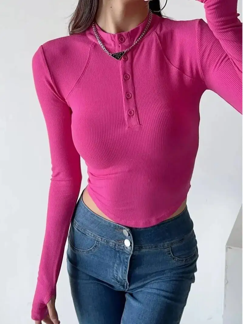 

2026 Autumn/Winter New Stand Up Collar Velvet Single Breasted Long Sleeve Pullover Women Cinching Waist Slim Knit Top IFGT