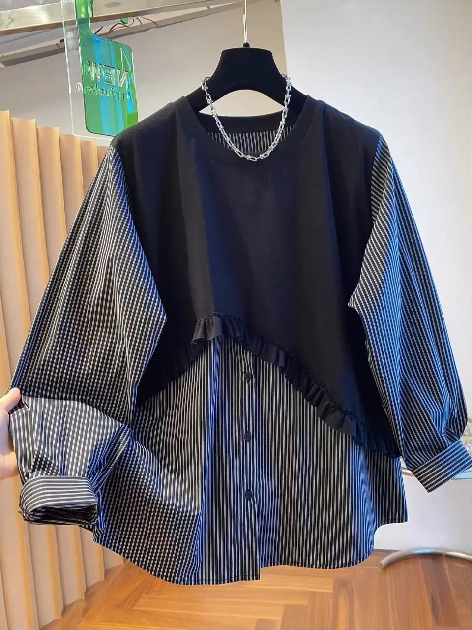 

Loose Long Sve Striped irt Women's round Ne Fake Two-Piece Cotton Spring Faion Japanese Sle Breathable Casual Top