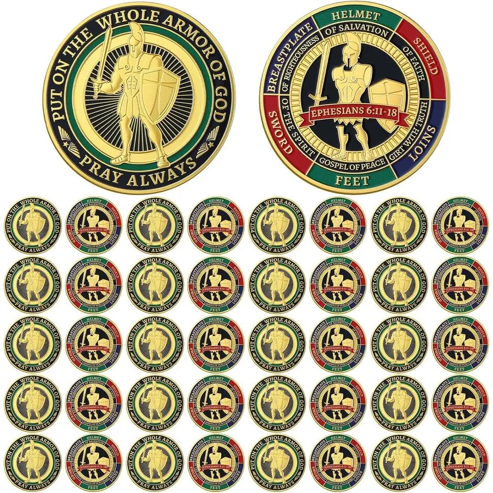 

40pcs Bulk Armor of God Christian Challenge Coins - Metal Commemorative Prayer Gifts for Men, Church, Party, Military Souvenirs