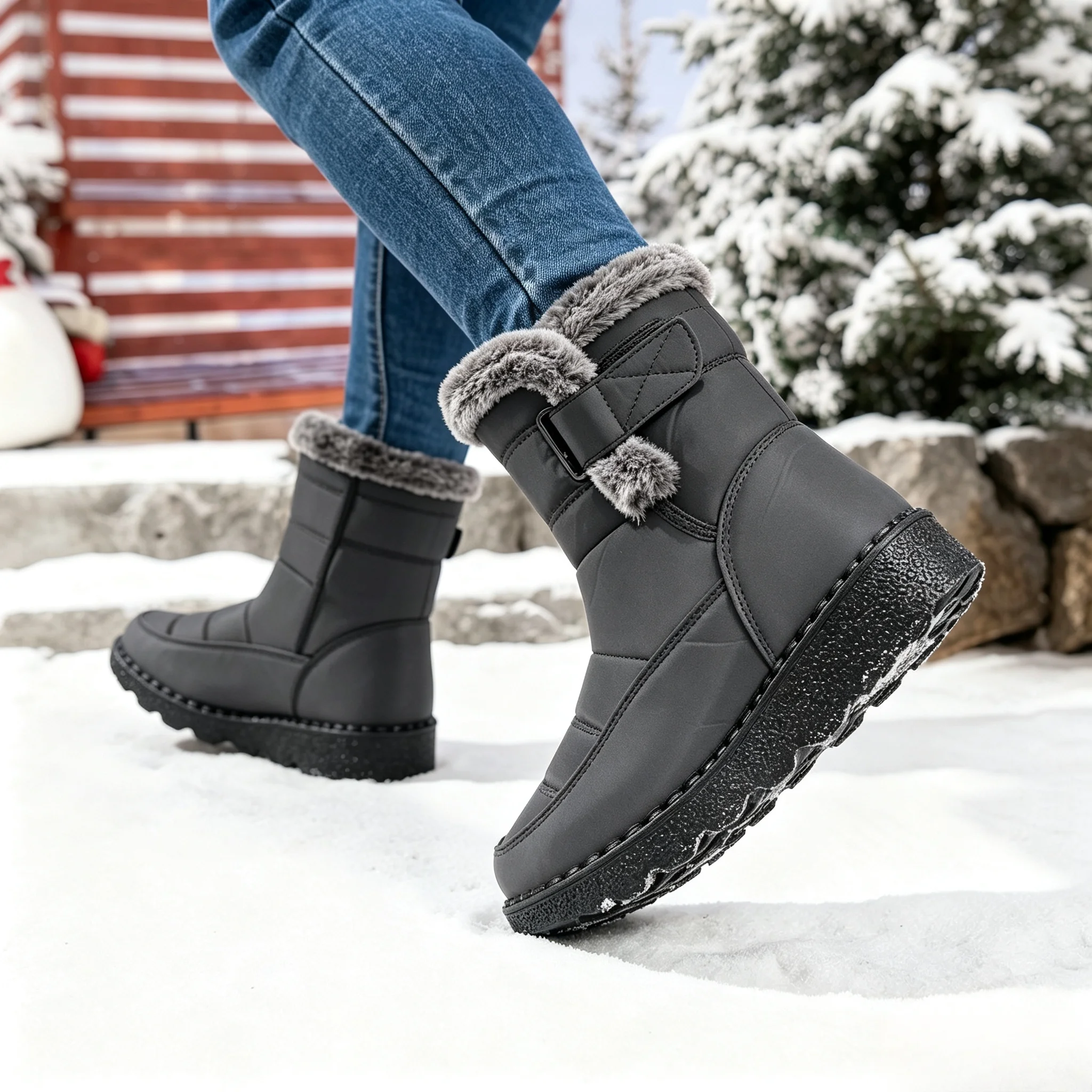 Damen Winter Pelzige Plateau-Schneestiefel 2026 Trend Wadenlange Winterstiefel Wasserdicht Rutschfest mit Schnalle Warm Flauschig Outdoor – Detail 14