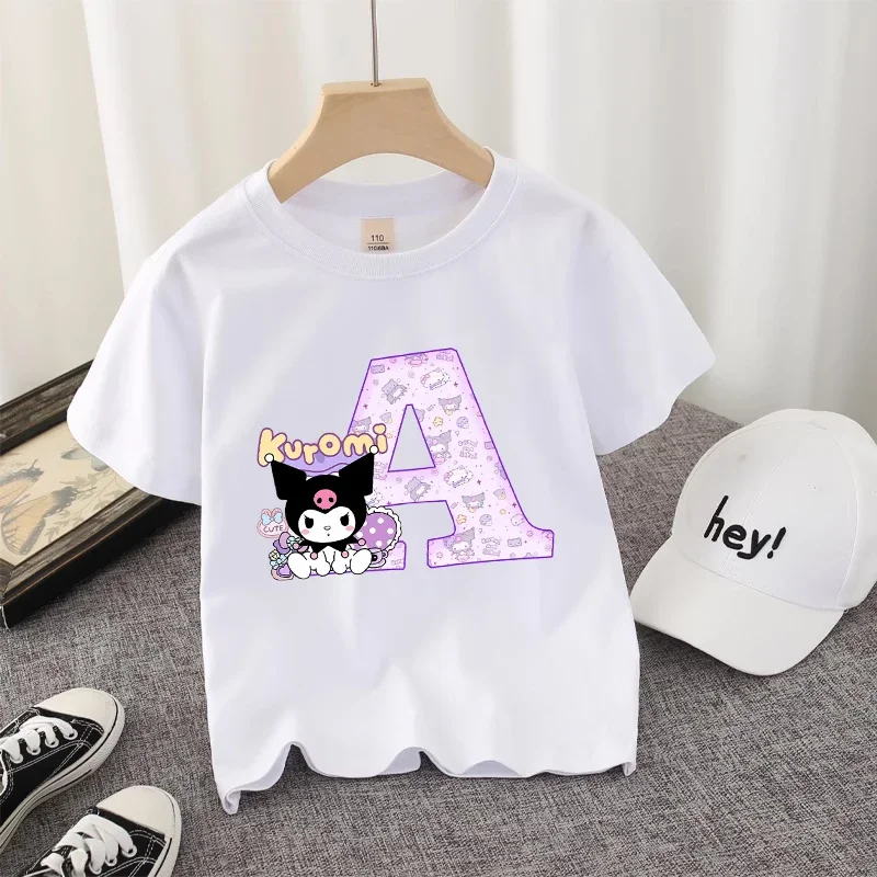 

Cute Kuromi Girl T-shirt Cotton Sanrio Kawaii Letters Anime Printed Kids Streetwear Tees Casual Clothes Girly Child Short Sleeve